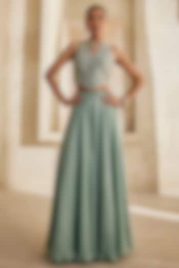 Powder Blue Satin Chiffon Palazzo Set by Anu Pellakuru at Pernia's Pop Up Shop