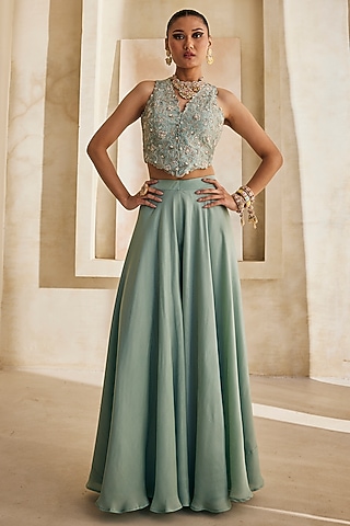 Powder Blue Satin Chiffon Palazzo Set by Anu Pellakuru