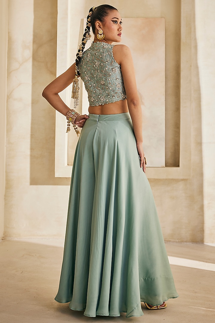Powder Blue Satin Chiffon Palazzo Set by Anu Pellakuru at Pernia's Pop Up Shop