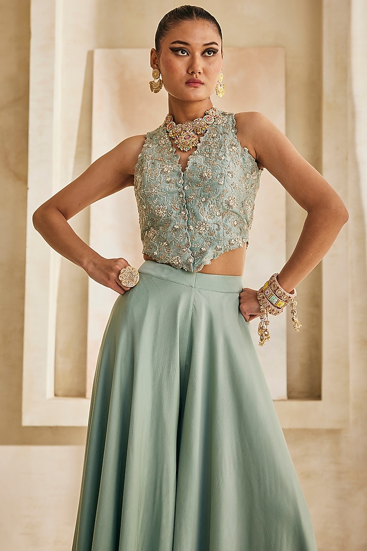 Powder Blue Satin Chiffon Palazzo Set by Anu Pellakuru at Pernia's Pop Up Shop