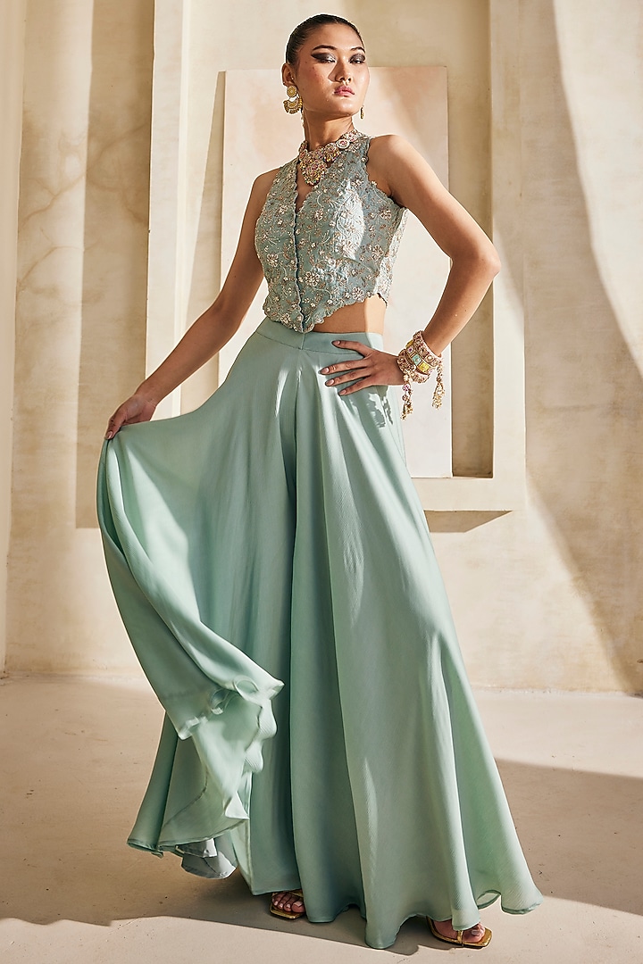 Powder Blue Satin Chiffon Palazzo Set by Anu Pellakuru at Pernia's Pop Up Shop