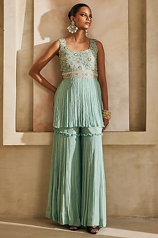 Powder Blue Chinon Chiffon Sharara Set by Anu Pellakuru