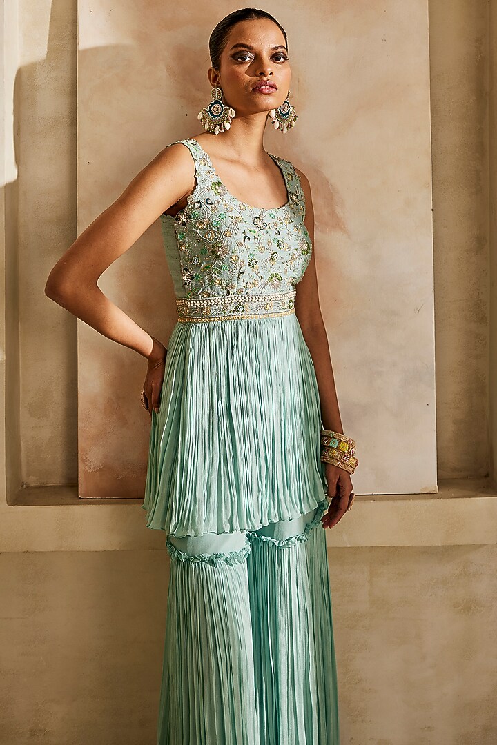 Powder Blue Chinon Chiffon Wedding Sharara Set by Anu Pellakuru at Pernia's Pop Up Shop