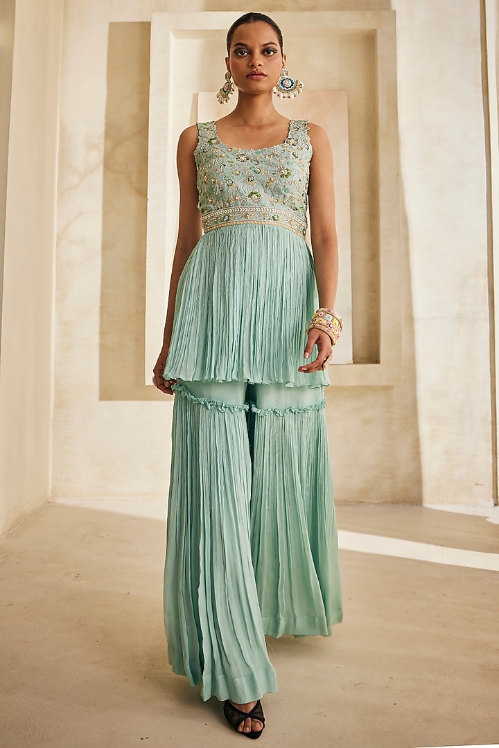 Powder Blue Chinon Chiffon Wedding Sharara Set by Anu Pellakuru at Pernia's Pop Up Shop