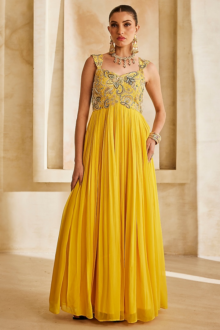 Yellow Raw Silk Embellished Engagement Gown by Anu Pellakuru at Pernia's Pop Up Shop