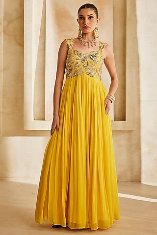 Yellow Raw Silk Embellished Gown by Anu Pellakuru