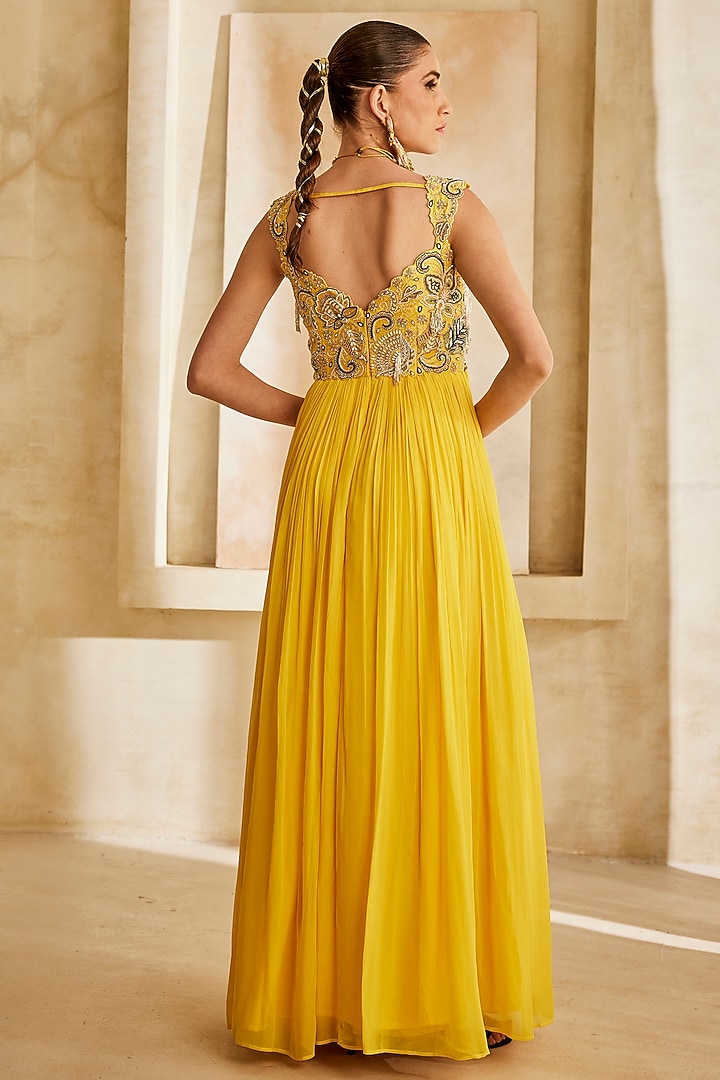 Yellow Raw Silk Embellished Engagement Gown by Anu Pellakuru at Pernia's Pop Up Shop