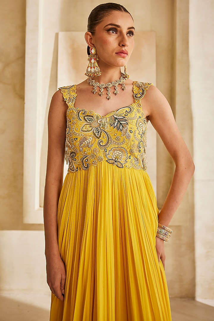 Yellow Raw Silk Embellished Engagement Gown by Anu Pellakuru at Pernia's Pop Up Shop