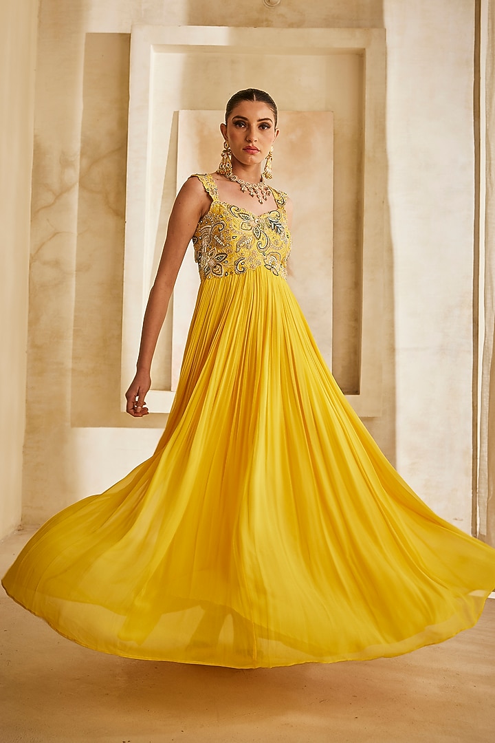 Yellow Raw Silk Embellished Engagement Gown by Anu Pellakuru at Pernia's Pop Up Shop