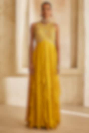 Mustard Yellow Georgette Ruffled Engagement Gown by Anu Pellakuru at Pernia's Pop Up Shop