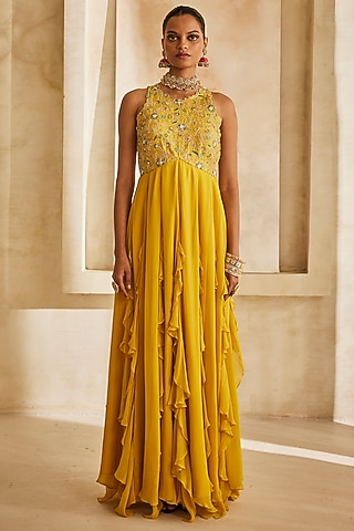 Mustard Yellow Georgette Ruffled Gown by Anu Pellakuru