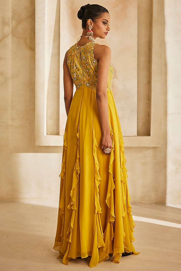 Mustard Yellow Georgette Ruffled Engagement Gown by Anu Pellakuru at Pernia's Pop Up Shop
