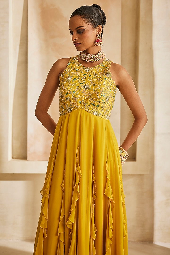 Mustard Yellow Georgette Ruffled Engagement Gown by Anu Pellakuru at Pernia's Pop Up Shop