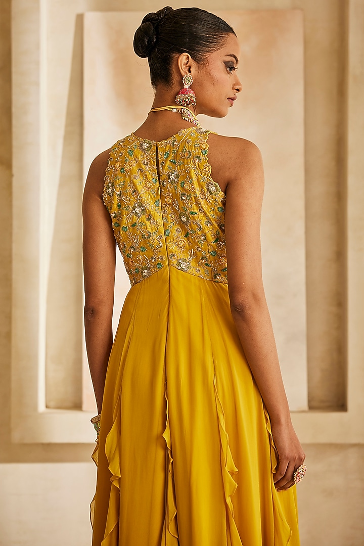 Mustard Yellow Georgette Ruffled Engagement Gown by Anu Pellakuru at Pernia's Pop Up Shop
