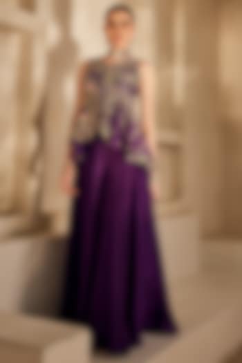 Deep Purple Satin Chiffon Flared Palazzo Set by Anu Pellakuru at Pernia's Pop Up Shop