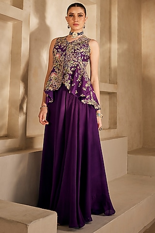 Deep Purple Satin Chiffon Flared Palazzo Set by Anu Pellakuru