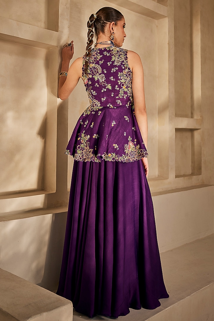 Deep Purple Satin Chiffon Flared Palazzo Set by Anu Pellakuru at Pernia's Pop Up Shop