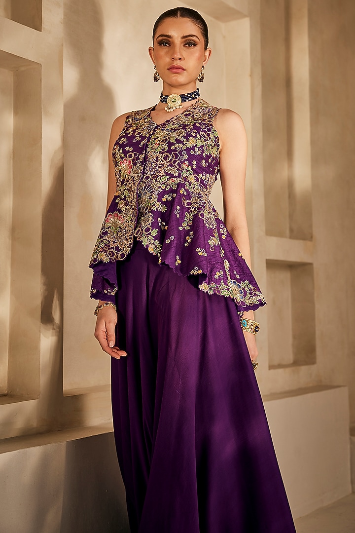 Deep Purple Satin Chiffon Flared Palazzo Set by Anu Pellakuru at Pernia's Pop Up Shop
