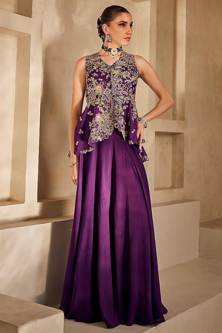 Deep Purple Satin Chiffon Flared Palazzo Set by Anu Pellakuru at Pernia's Pop Up Shop