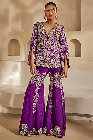 Purple Raw Silk Zardosi Embroidered Jacket Set by Anu Pellakuru