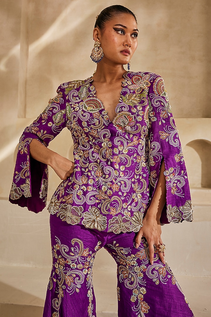 Purple Raw Silk Zardosi Embroidered Jacket Set by Anu Pellakuru at Pernia's Pop Up Shop