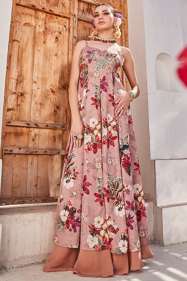 Mauve American Crepe Floral Printed Pleated Party Wear Anarkali Set by Anu Pellakuru at Pernia's Pop Up Shop