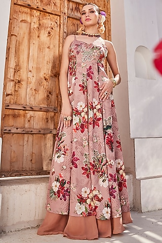 Mauve American Crepe Floral Printed Pleated Anarkali Set by Anu Pellakuru