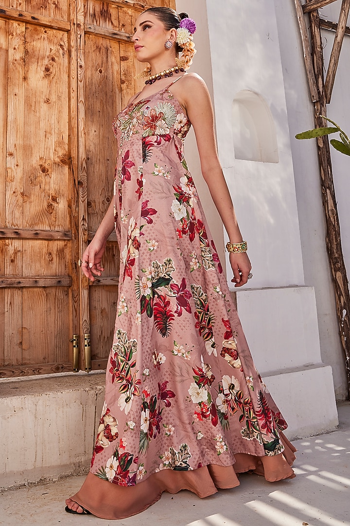 Mauve American Crepe Floral Printed Pleated Party Wear Anarkali Set by Anu Pellakuru at Pernia's Pop Up Shop
