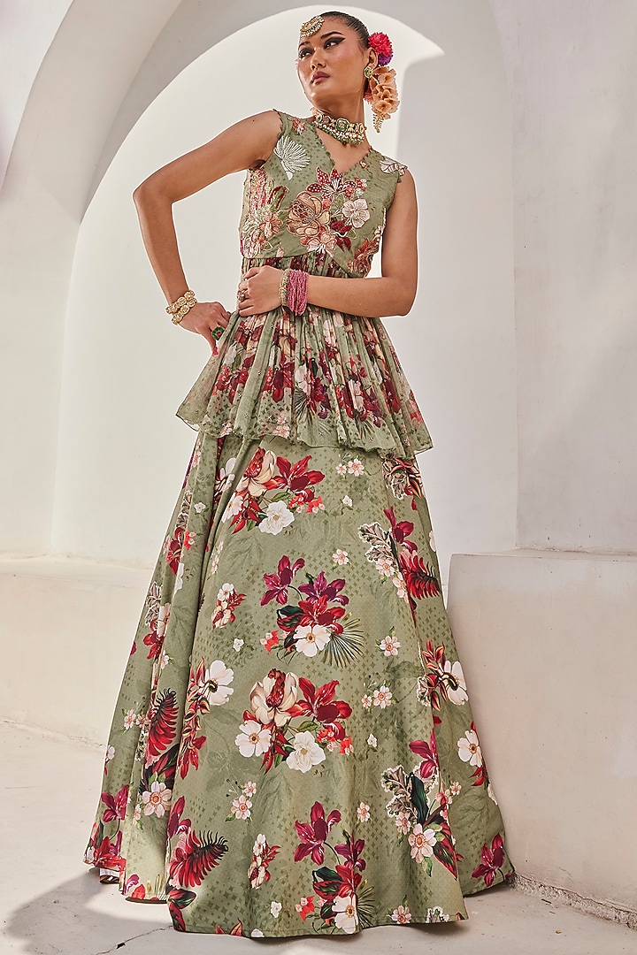 Sage Green Chiffon Floral Printed Wedding Lehenga Set by Anu Pellakuru at Pernia's Pop Up Shop