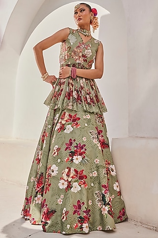Sage Green Chiffon Floral Printed Lehenga Set by Anu Pellakuru