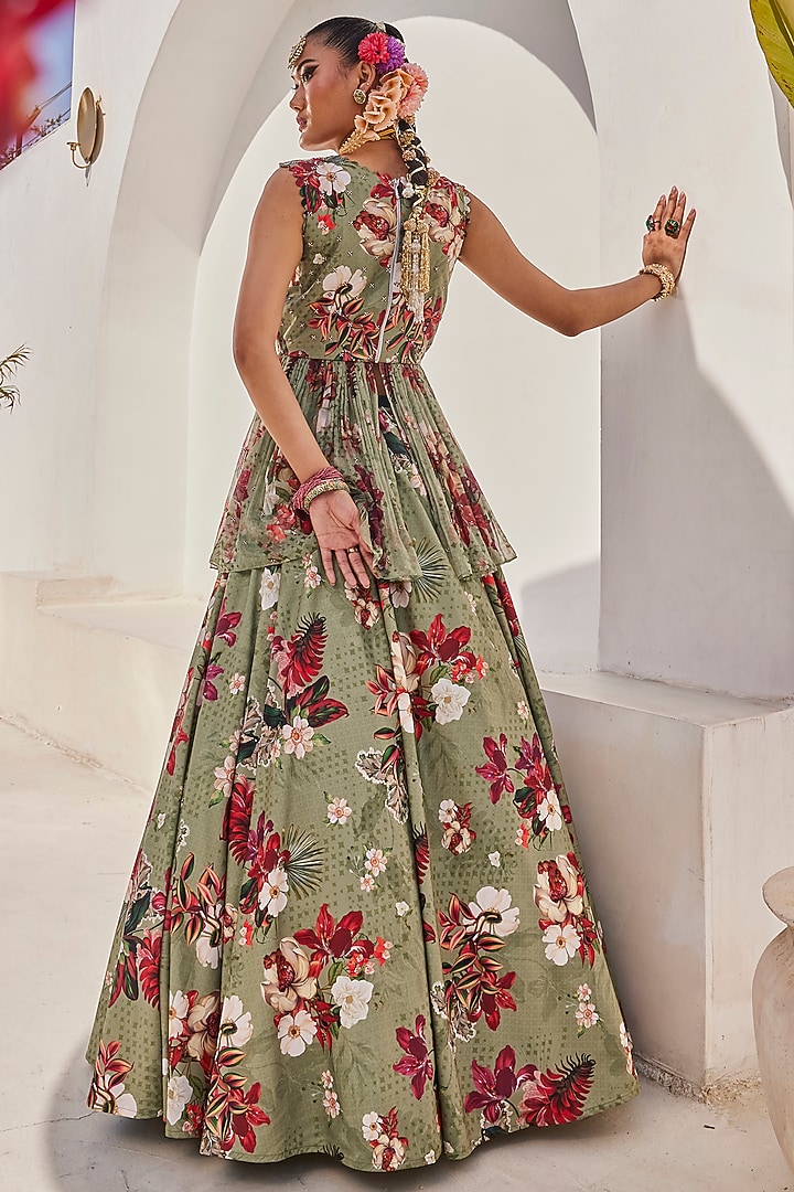 Sage Green Chiffon Floral Printed Wedding Lehenga Set by Anu Pellakuru at Pernia's Pop Up Shop