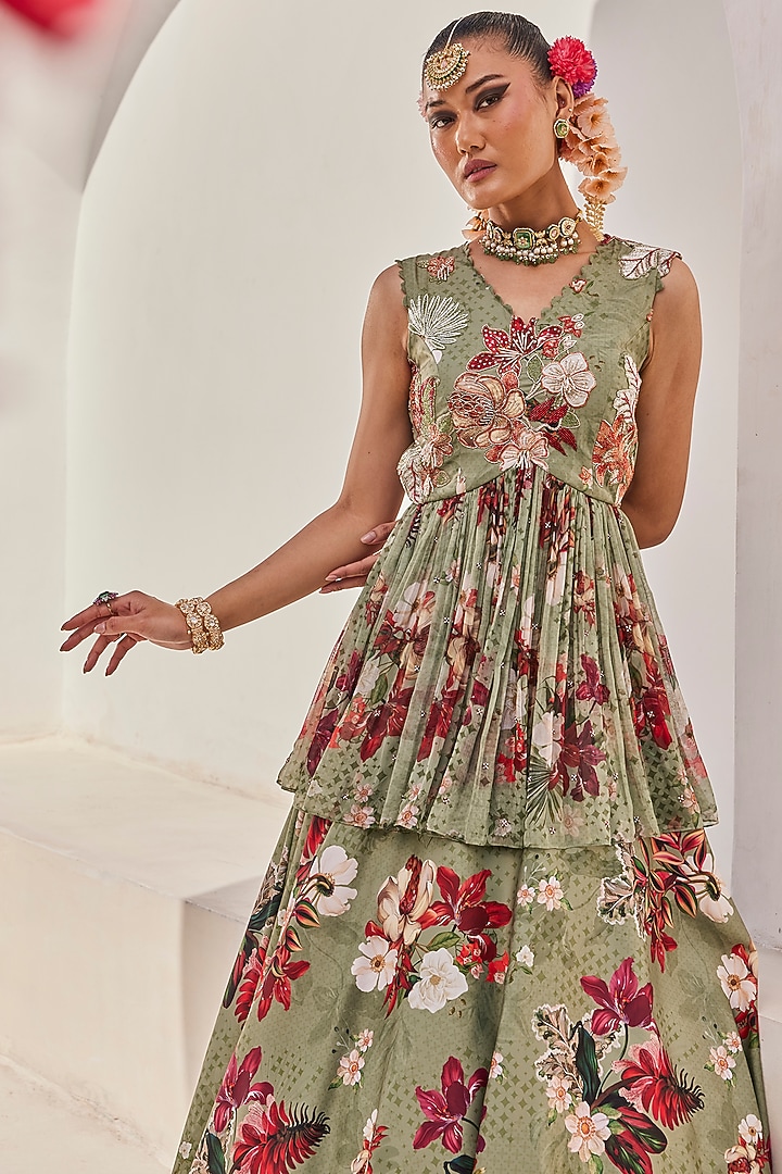 Sage Green Chiffon Floral Printed Wedding Lehenga Set by Anu Pellakuru at Pernia's Pop Up Shop