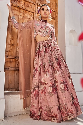 Mauve Chiffon Floral Printed Lehenga Set by Anu Pellakuru