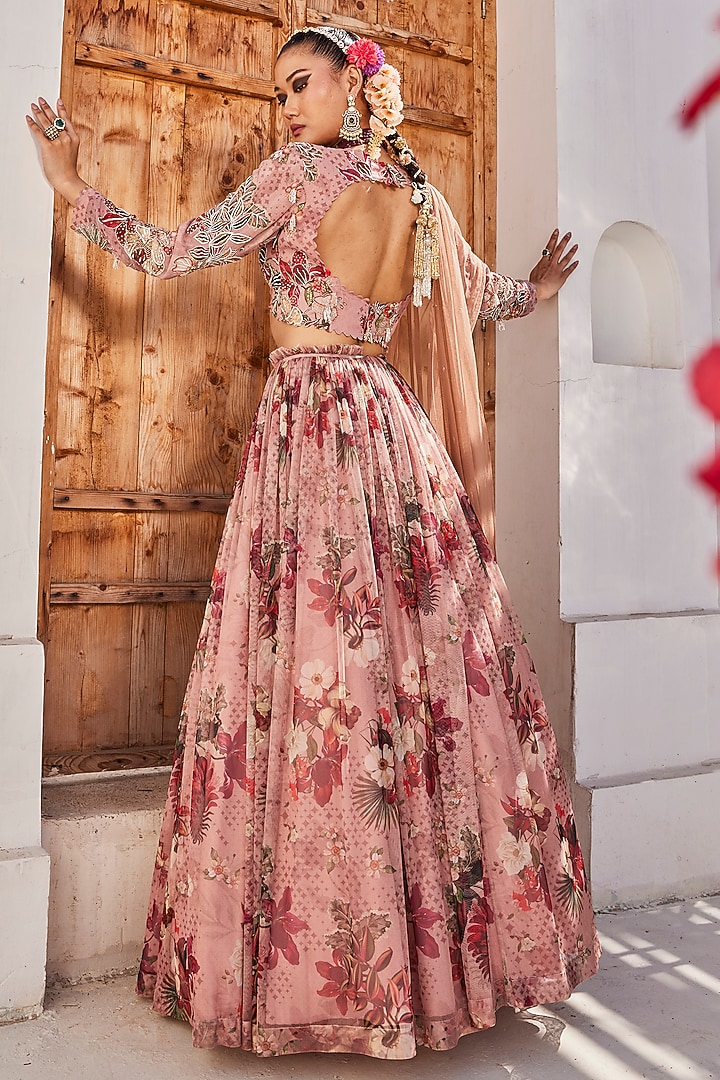 Mauve Chiffon Floral Printed Wedding Lehenga Set by Anu Pellakuru at Pernia's Pop Up Shop