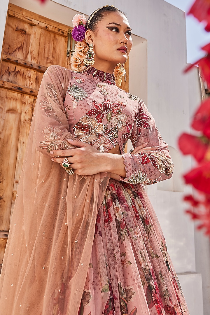 Mauve Chiffon Floral Printed Wedding Lehenga Set by Anu Pellakuru at Pernia's Pop Up Shop
