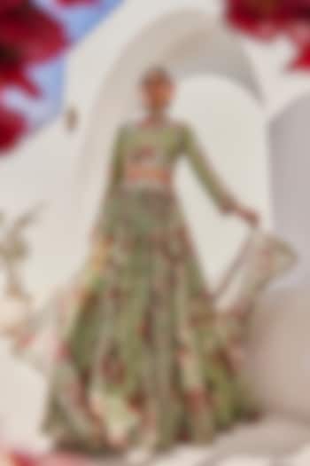 Sage Green Raw Silk Floral Printed Wedding Lehenga Set by Anu Pellakuru at Pernia's Pop Up Shop