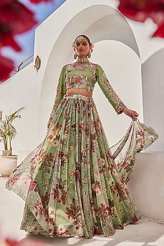 Sage Green Raw Silk Floral Printed Lehenga Set by Anu Pellakuru