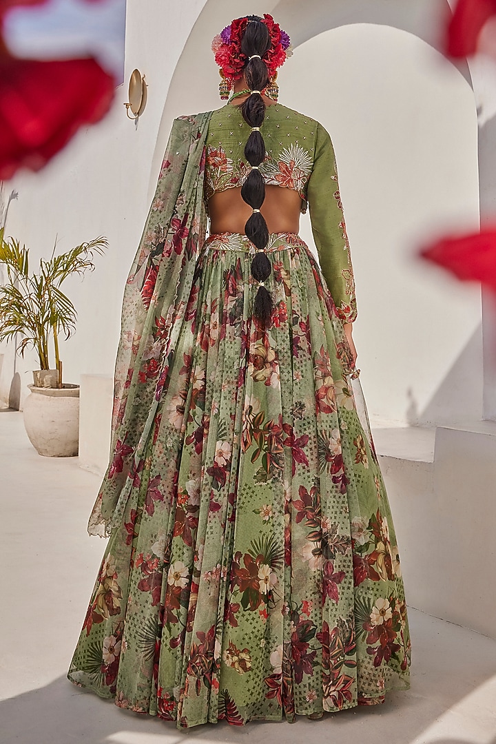Sage Green Raw Silk Floral Printed Wedding Lehenga Set by Anu Pellakuru at Pernia's Pop Up Shop