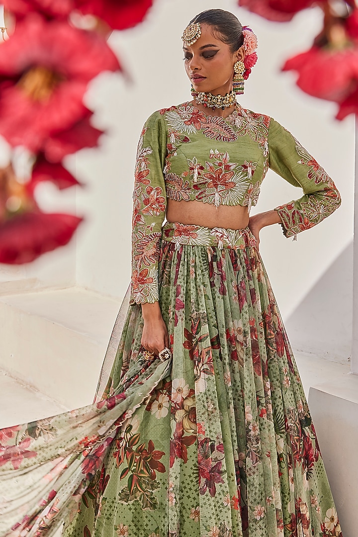 Sage Green Raw Silk Floral Printed Wedding Lehenga Set by Anu Pellakuru at Pernia's Pop Up Shop