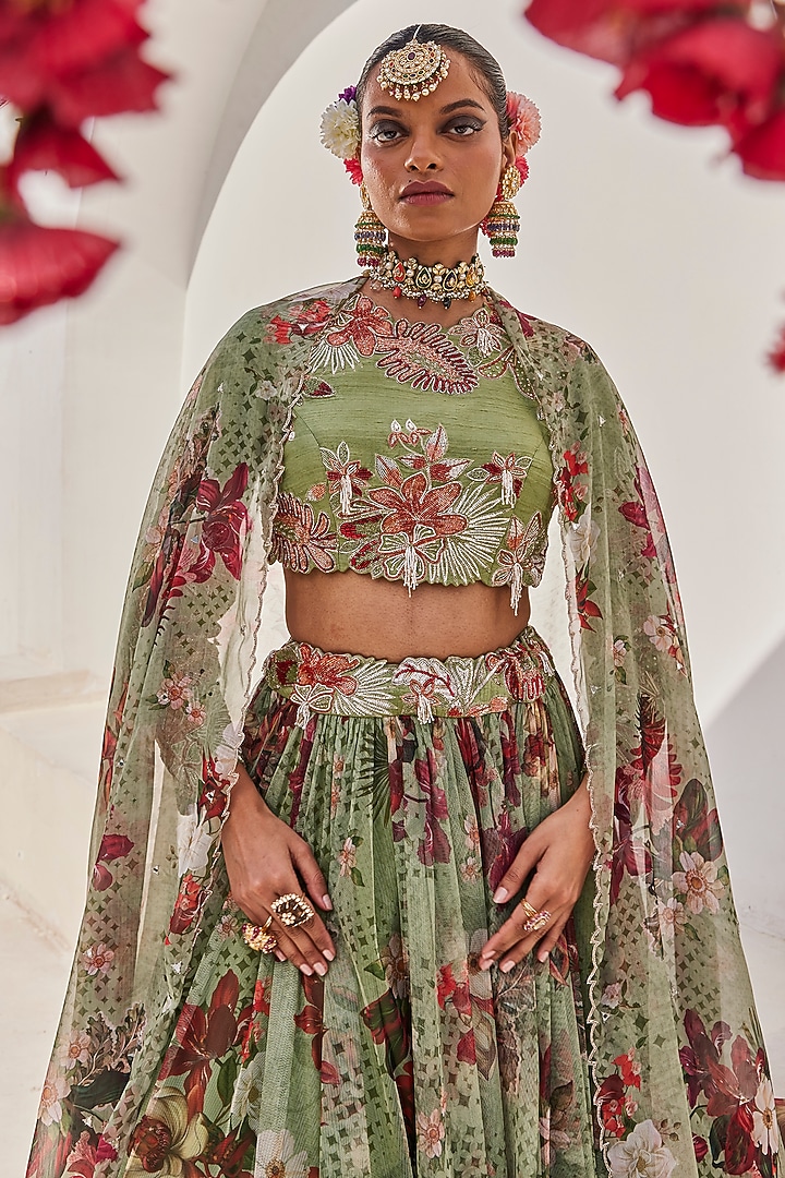 Sage Green Raw Silk Floral Printed Wedding Lehenga Set by Anu Pellakuru at Pernia's Pop Up Shop