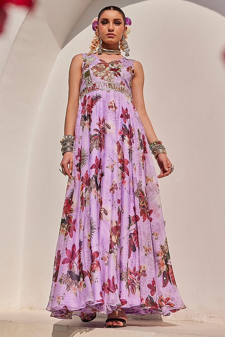 Lilac Chiffon Floral Printed Engagement Gown by Anu Pellakuru at Pernia's Pop Up Shop