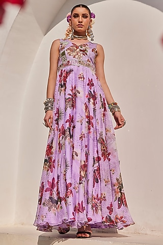Lilac Chiffon Floral Printed Gown by Anu Pellakuru