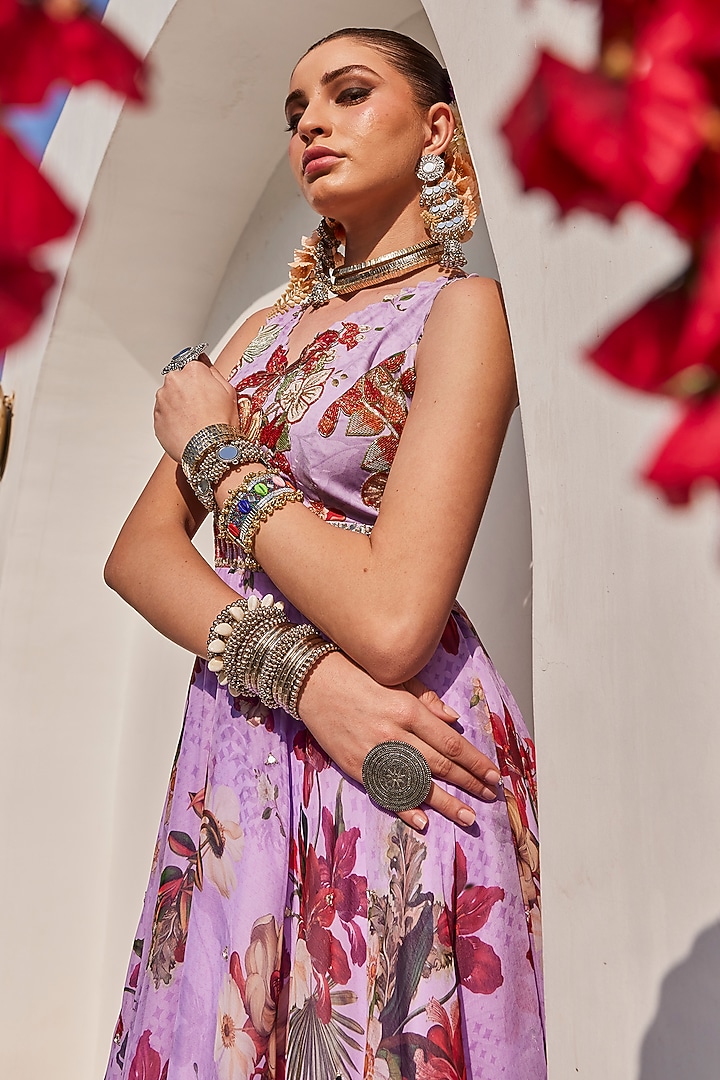 Lilac Chiffon Floral Printed Engagement Gown by Anu Pellakuru at Pernia's Pop Up Shop