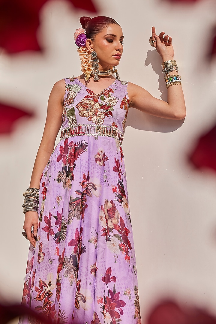 Lilac Chiffon Floral Printed Engagement Gown by Anu Pellakuru at Pernia's Pop Up Shop