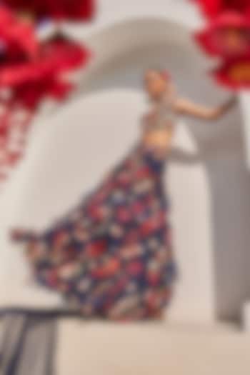 Midnight Blue Raw Silk Botanical Printed Wedding Lehenga Set by Anu Pellakuru at Pernia's Pop Up Shop