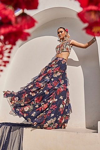 Midnight Blue Raw Silk Botanical Printed Lehenga Set by Anu Pellakuru
