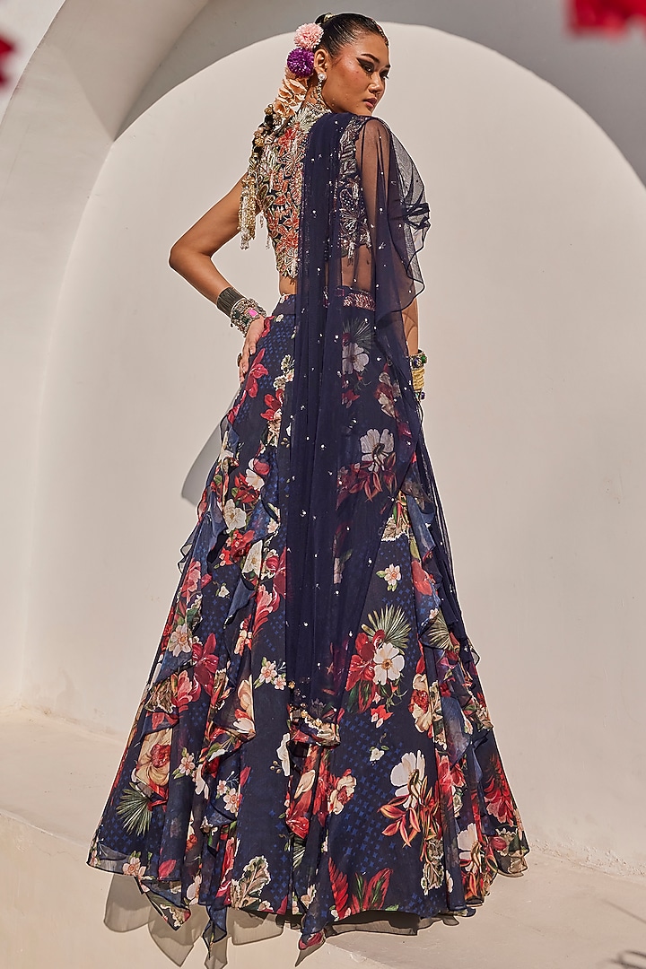 Midnight Blue Raw Silk Botanical Printed Wedding Lehenga Set by Anu Pellakuru at Pernia's Pop Up Shop