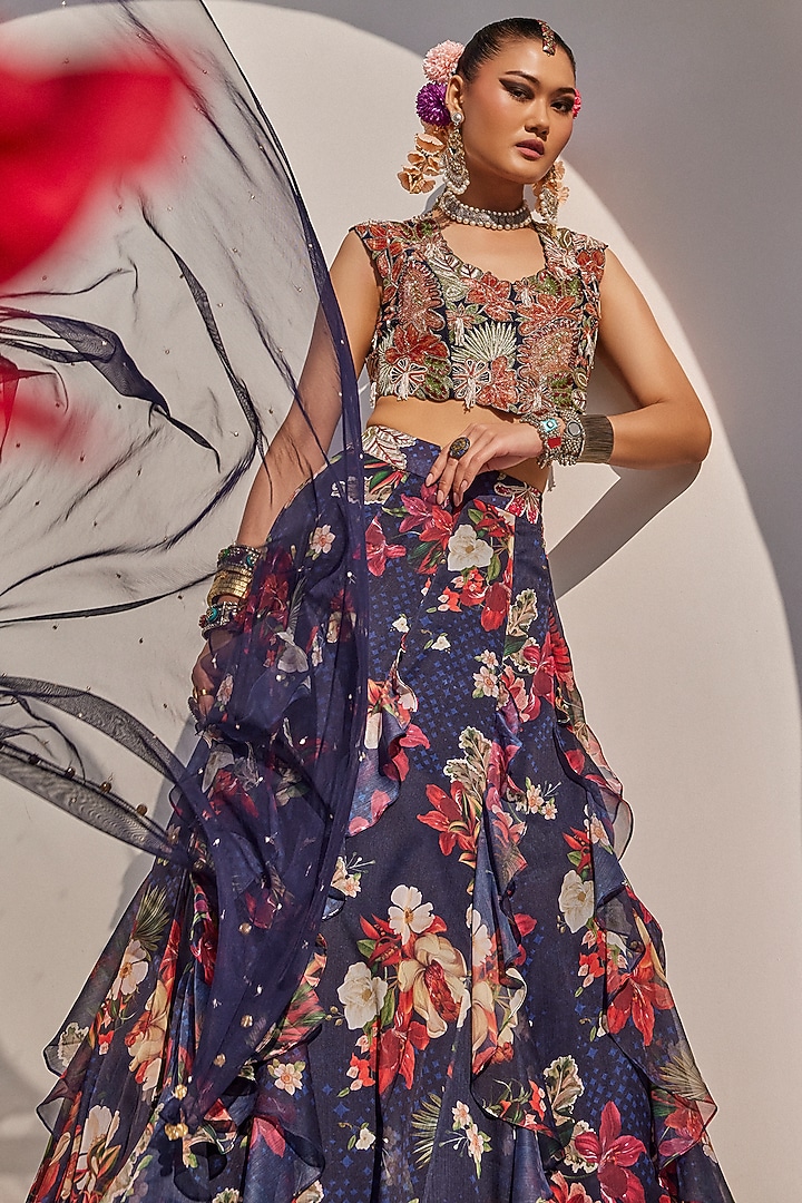 Midnight Blue Raw Silk Botanical Printed Wedding Lehenga Set by Anu Pellakuru at Pernia's Pop Up Shop