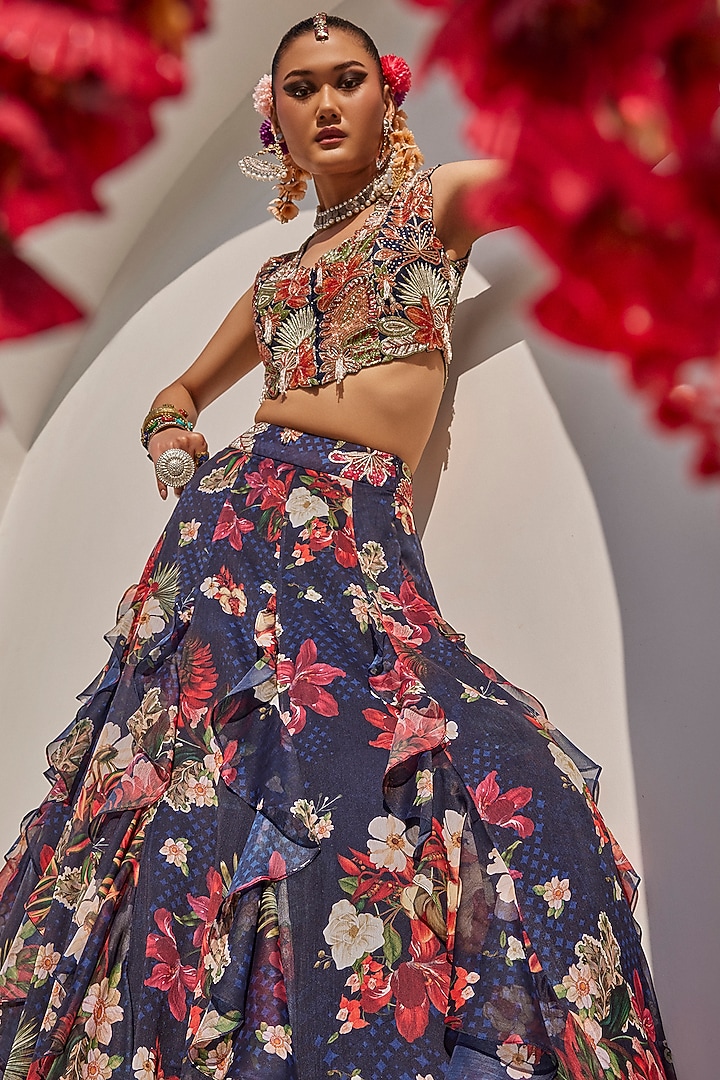 Midnight Blue Raw Silk Botanical Printed Wedding Lehenga Set by Anu Pellakuru at Pernia's Pop Up Shop