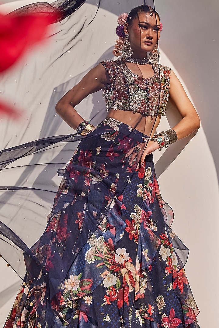 Midnight Blue Raw Silk Botanical Printed Wedding Lehenga Set by Anu Pellakuru at Pernia's Pop Up Shop